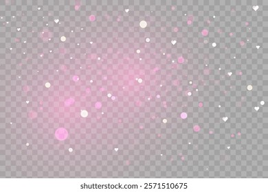 Pink lovely background with hearts bokeh and glitter. Pastel vector fantasy gradient for Valentine Day. Romantic blurred sky with sparkles and stars.