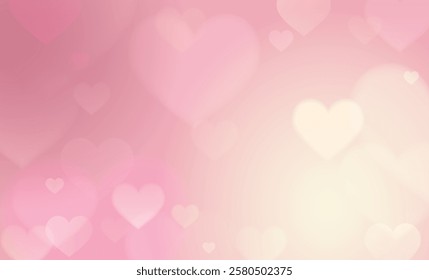 Pink lovely background with hearts bokeh and glitter. Pastel vector illustration fantasy gradient for Valentine Day. Romantic blurred sky with sparkles and stars. Valentine's Day, Mother's Day.