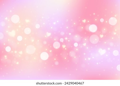 Pink lovely background with hearts and glitter. Pastel vector gradient for Valentine Day. Romantic blurred sky