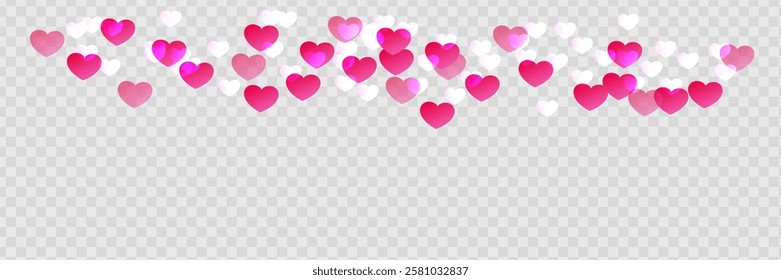 Pink lovely background with hearts. Romantic blurred sky. Flying love hearts for Valentine's Day. Vector