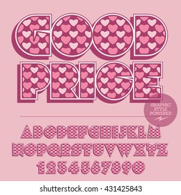Pink lovely heart set of alphabet letters, numbers and punctuation symbols. Vector banner with text Good price