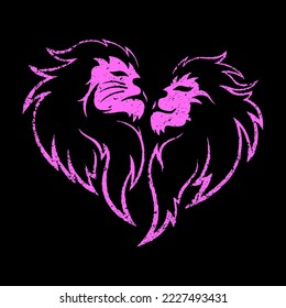 Pink lover lion pattern rubber stamp in heart shape. Grunge silhouette of the king and queen of lions. Design for a emblem, badge, logo or icon. Vector illustration.