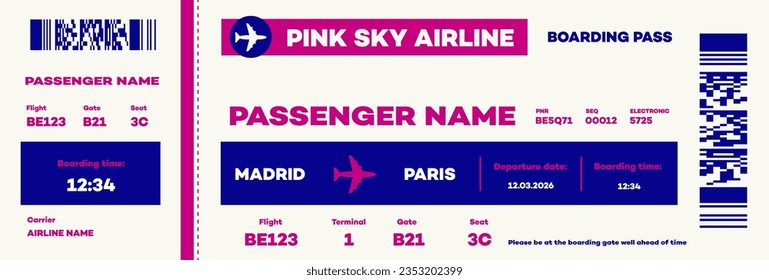 Pink low cost airline boarding pass template. Airplane vector ticket mock up