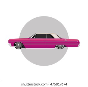 Pink lowrider on gray round background, vintage retro car, flat vector illustration