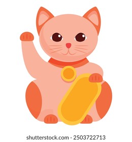 Pink lucky cat raising paw holding golden koban coin, a symbol of good luck and fortune in japanese culture