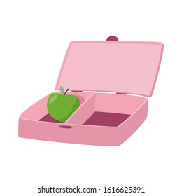 Pink lunch box with apple inside.