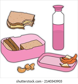 Pink lunchbox and bottle with mandarin and cheese sandwich