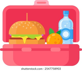 Pink lunchbox containing a burger, an orange and a bottle of water, representing a healthy and balanced meal for school or work