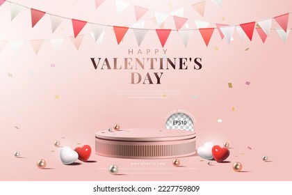 Pink Luxurious Podium with gold ball and red, white heart love symbol on pink blackground. Vector illustration