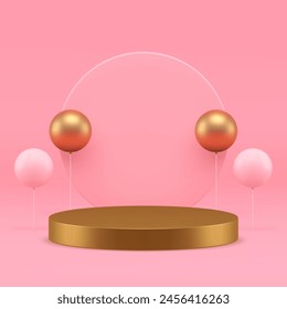 Pink luxury 3d cylinder podium pedestal with air balloon festive showroom realistic vector illustration. Elegant feminine advertising stand holiday shopping sale mock up for cosmetic product show