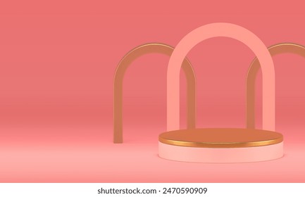 Pink luxury 3d showroom podium mock up for beauty cosmetic product show realistic vector illustration. Elegant feminine pastel trendy golden pedestal geometric showcase with arch wall background