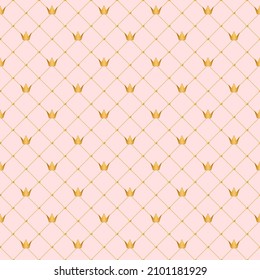 Pink luxury background with golden crowns and beads. Seamless vector illustration.