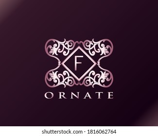 PInk Luxury Brand Letter F Elegant Logo Bagde. Metal Luxury Pink Letter Initial Crest Monogram Design Vector Illustration.