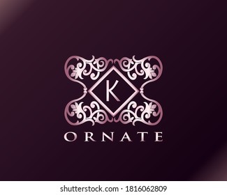 PInk Luxury Brand Letter K Elegant Logo Bagde. Metal Luxury Pink Letter Initial Crest Monogram Design Vector Illustration.