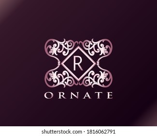 PInk Luxury Brand Letter R Elegant Logo Bagde. Metal Luxury Pink Letter Initial Crest Monogram Design Vector Illustration.