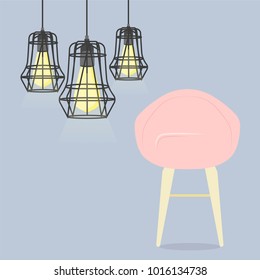Pink luxury chair with wooden legs and loft lamps. Modern design armchair in dark room with a roof lamp. Flat vector illustration isolated on the grey background.