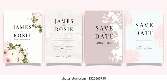 Pink Luxury Wedding Invitation set,  invite thank you, rsvp modern card Design in Golden and white rose with leaf greenery branches  decorative Vector elegant rustic template