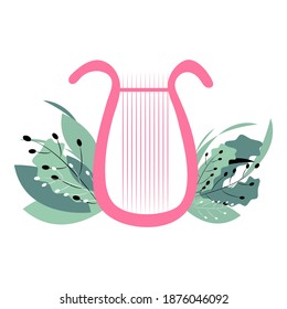 Pink lyre with leaves in the background. A romantic musical instrument as an element of valentine's day. Vector flat illustration
