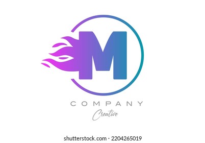 pink M alphabet letter icon for corporate with purple flames. Fire design suitable for a company logo