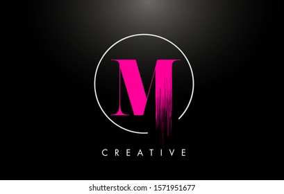 Pink M Brush Stroke Letter Logo Design. Pink Paint Logo Leters Icon with Elegant Circle Vector Design.