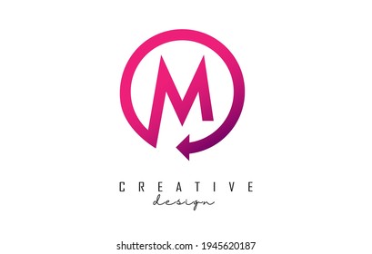 Rosa M-Buchstaben Logo Design mit Kreis Rahmen und Pfeil. Kreative Vektorgrafik mit rosafarbener Farbe und Buchstabe M.