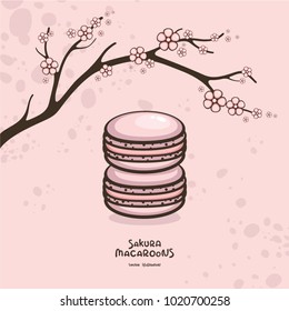 Pink macaroon cookie and sakura branch. Hanami food vector illustration. Traditional dessert collection. Asian tradition elements.