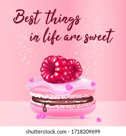 Pink macaroon realistic vector product social media post template. Almond biscuit with berries 3d ads mockup design with text. Best things in life are sweet promotional square web banner layout