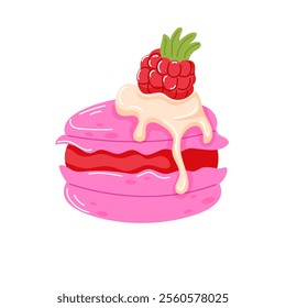 Pink macaroon with spreadable cream and raspberry on top in cartoon style. Valentine Day design for bakery, cafe menu. Vector illustration isolated on a white background.