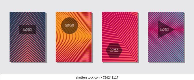 Pink magenta and cyan blue halftone covers vector template with lines. Vector journal design geometric shape background set, halftone lines hipster pattern abstract business covers collection.