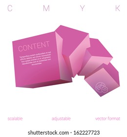 Pink - magenta edition of a scalable adjustable  3d vector abstract geometric composition of four, three dimensional squares in empty space as a web design element or for universal use 