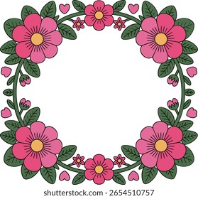 Pink and magenta floral frame, square flower border, hand drawn botanical wreath, spring invitation, decorative vector art
