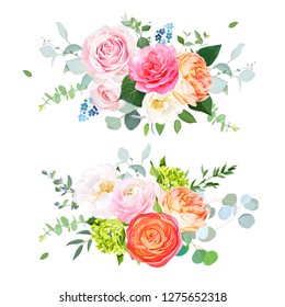 Pink and magenta garden rose,coral juliet rose,orange ranunculus, green hydrangea, eucalyptus and greenery vector design horizontal bouquets.Spring wedding flowers. Floral banner.Isolated and editable