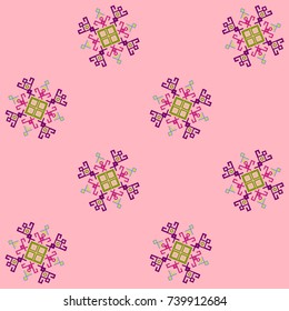 Pink, magenta and green ethnic design with traditional tribal motifs of crooked lines, triangles, squares, circles. Mayan ethnic symbol, geometric pattern decoration. Embroidery style clothes pattern.