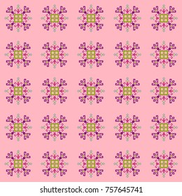Pink, magenta and green ethnic design with traditional tribal motifs of crooked lines, triangles, squares, circles. Mayan ethnic symbol, geometric pattern decoration. Embroidery style clothes pattern.