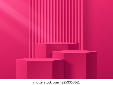 Pink magenta hexagon stand product podium 3D background with vertical serrated pattern on wall. Minimal wall scene mockup product stage for showcase, Promotion display. Abstract vector geometric forms
