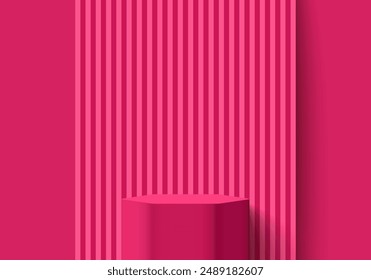 Pink magenta hexagon stand product podium 3D background with vertical serrated pattern on wall. Minimal wall scene mockup product stage for showcase, Promotion display. Abstract vector geometric forms