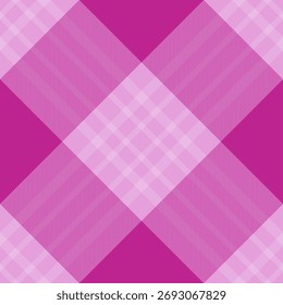 A pink and magenta plaid pattern creates a dynamic, seamless texture. Suitable for fashion, backgrounds, or festive designs with classic, repeating shapes.