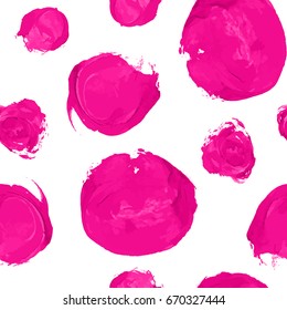 Pink, magenta, rose vector watercolor dot seamless pattern isolated on white background. Abstract acrylic spots for creative fabric textile design. Hand painted circles, confetti round texture.