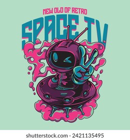 Pink Magenta Space TV Alien Character in Retro Style Illustration