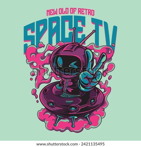 Pink Magenta Space TV Alien Character in Retro Style Illustration