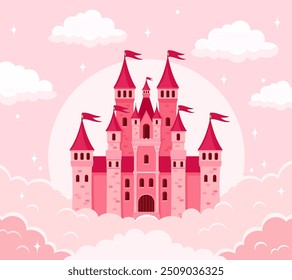 Pink magic castle in the clouds. Flat vector illustration.