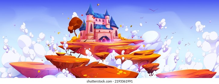 Pink magic castle on floating island in blue sky with fluffy clouds. Fantasy autumn landscape with royal palace and flying ground pieces with bright trees in heaven, Cartoon vector illustration