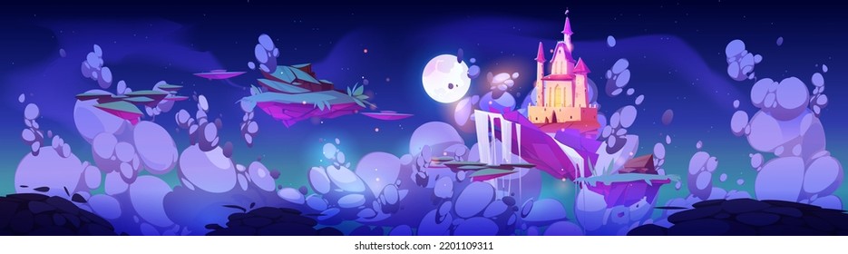 Pink magic castle on floating island in night sky with fluffy clouds, stars and moon. Fantasy landscape with royal palace and flying ground pieces with in dark heaven, Cartoon vector illustration
