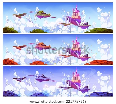 Pink magic castle on floating islands in sky with fluffy clouds panoramic set. Fantasy summer and autumn landscapes with royal palace and flying ground pieces in heaven, Cartoon vector illustration