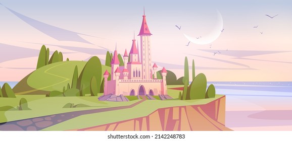 Pink magic castle on green sea cliff at early morning. Fairy tale palace with turrets and trees around. Scenery landscape with road lead to medieval fantasy fortress gates, Cartoon vector illustration