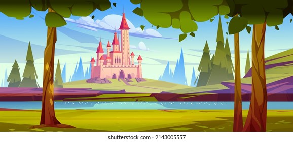 Pink magic castle on green hill at river coast with blue water surface at summer day. Fairytale palace under cloudy sky and fir-trees around. Fantasy medieval architecture, Cartoon vector illustration