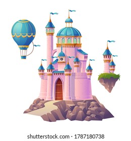 Pink magic castle, princess or fairy palace, air balloon and flying turrets with flags. Fantasy royal fortress, cute medieval architecture isolated on white background. Cartoon vector illustration
