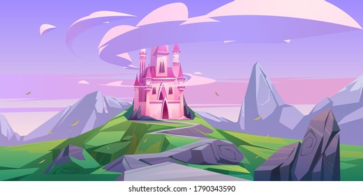 Pink magic castle, princess or fairy palace with turrets on mountain top with rocky road lead to gates and lilac clouds in sky. Fantasy fortress, medieval architecture. Cartoon vector illustration