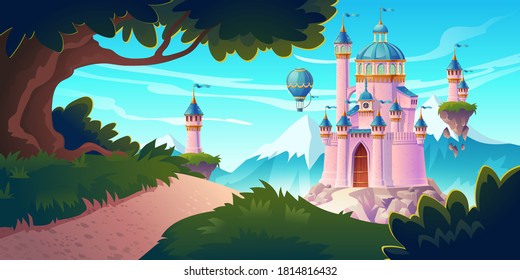 Pink magic castle, princess or fairy palace at mountains with rocky road lead to gates with flying turrets and air balloons in sky. Fantasy fortress, medieval architecture. Cartoon vector illustration
