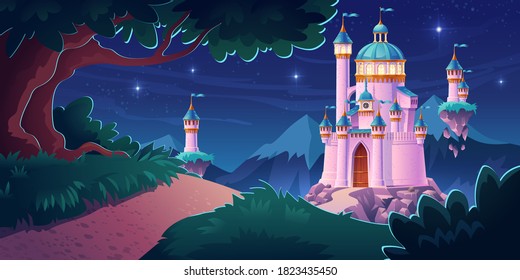 Pink magic castle, princess or fairy palace at night mountains with road lead to gates with flying turrets and glow stars in sky. Fantasy fortress, medieval architecture. Cartoon vector illustration